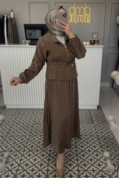 Kahverengi Jakar Etek Ceket Takım 1039