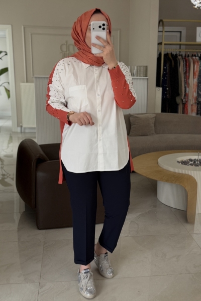 Tıg Trıko Turuncu Arkası Triko Taşlı Gömlek