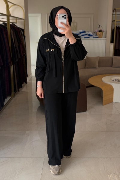 Nuss Siyah Broş Detaylı Pantolon Takım 