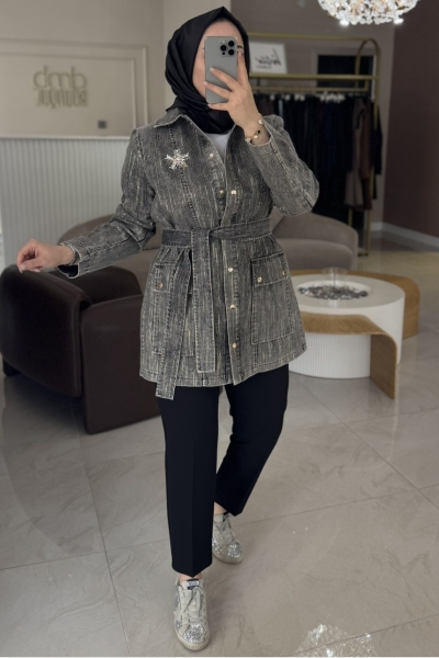 Nuss Gri Jakar Detaylı Denim Ceket