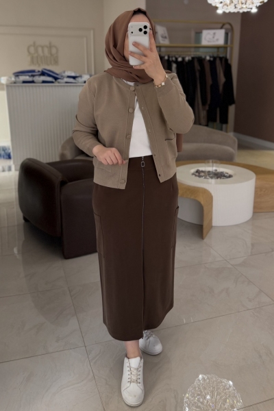 Sentez Grup Kahverengi Cep Fermuarlı Etek