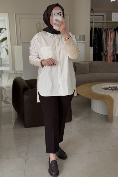 Tıg Trıko Bej Arkası Triko Taşlı Gömlek