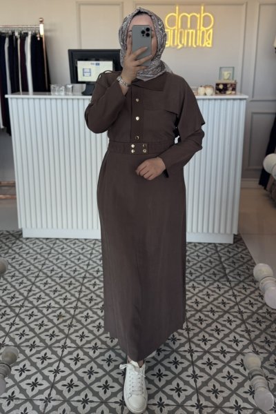 Kahverengi Kemerli Elbise 2343Elb