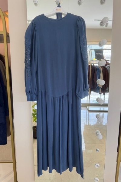 Nuss Lacivert İpek Kolları Detaylı Elbise