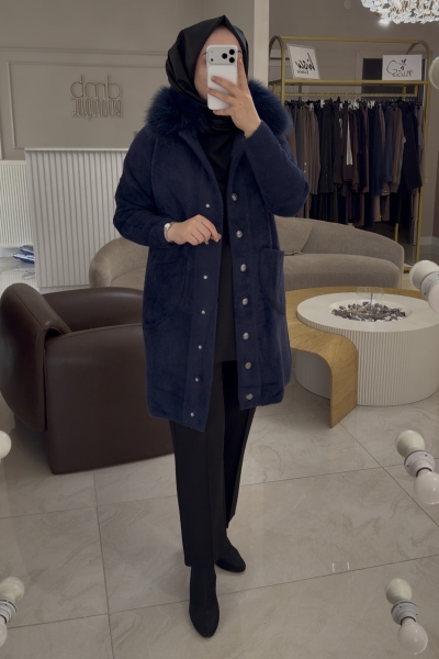 Nuss Lacivert Kürklü Angora Kaban