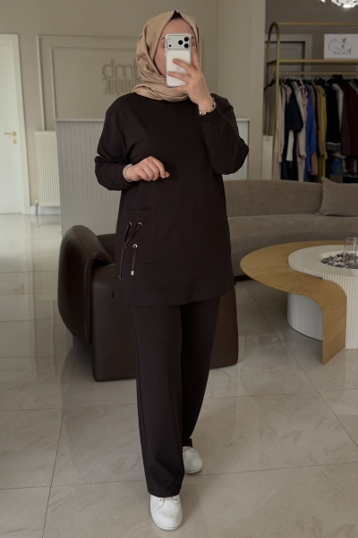 Nuss Kahverengi Cepleri İp Detaylı Pantolonlu 1094 Takım