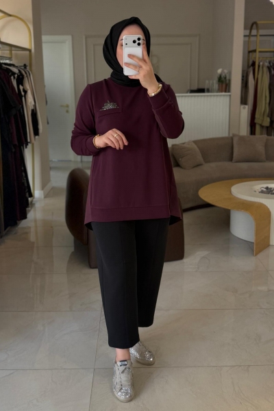 Tıg Trıko Mürdüm Taş Aksesuarlı Arkası Pileli Tunik