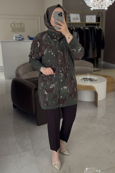 Nuss Haki Angora Desen Uzun Hırka 7006