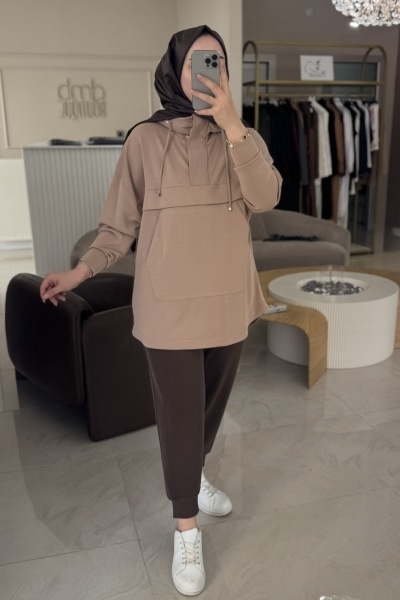 Tıg Trıko Camel Yarım Fermuarlı Kapüşonlu Tunik