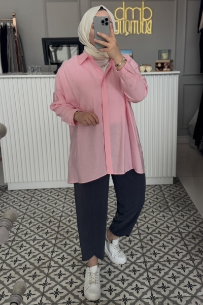 Pembe Tensel Rahat Gömlek-3001