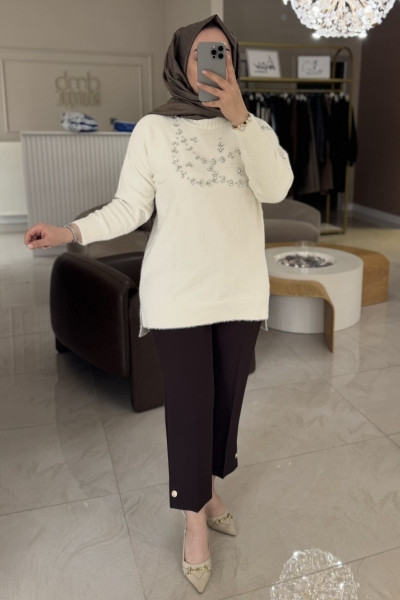 Nuss Ekru Angora Göğüs  Üstü Taşlı Tunik 7002