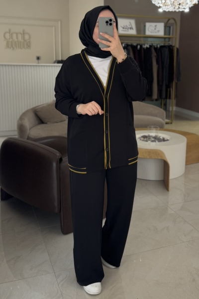 Tıg Trıko Siyah Çizgi Detaylı Ribanalı Takım