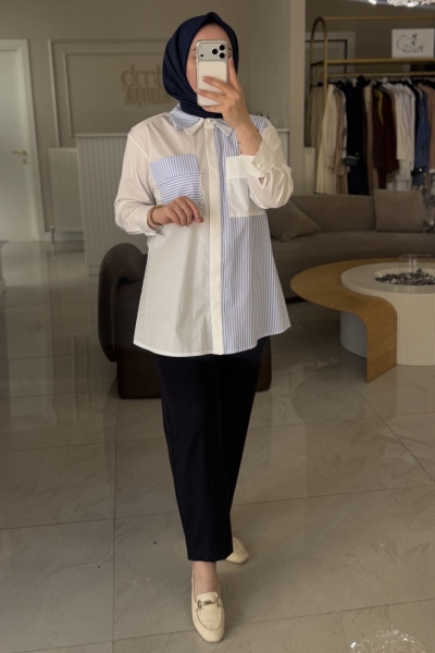 Jenne Premium Mavi Çizgili Çift Yakalı İncili Gömlek