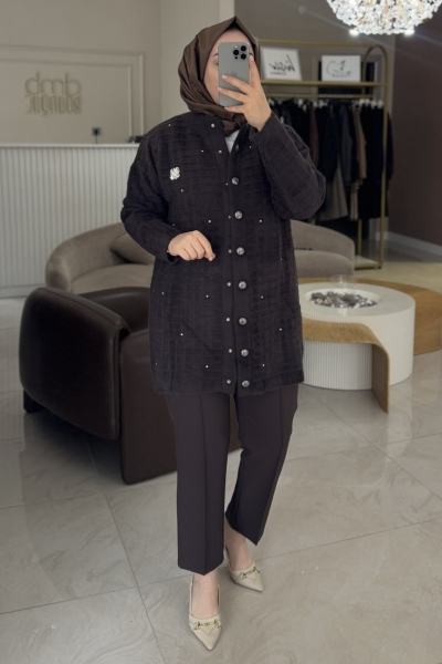 Nuss Kahverengi Angora Şerit Taş Detay Hırka 7010