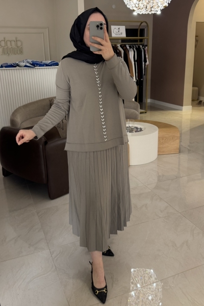 Nuss Haki Taş Detaylı Etekli Takım 1351