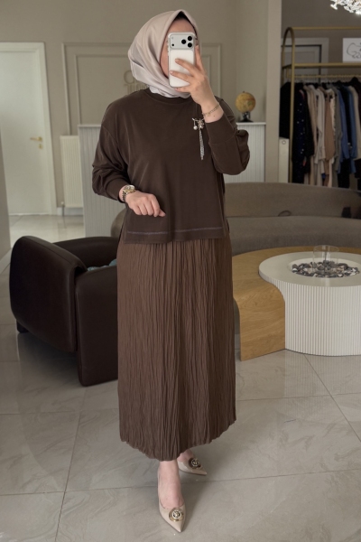 Tıg Trıko Kahverengi Saten Kurdele Detaylı Etekli Takım