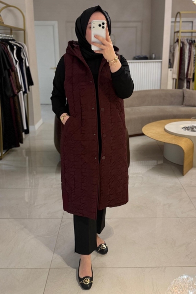 Nuss Bordo Ribana Detaylı Uzun Yelek 6069