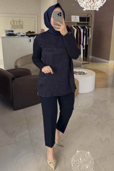 Nuss Lacivert İpek Detaylı Merserize Fermuarlı Tunik
