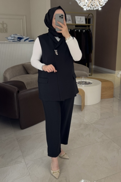 Tıg Trıko Siyah Tek Düğmeli Yelek Pantolon Takım