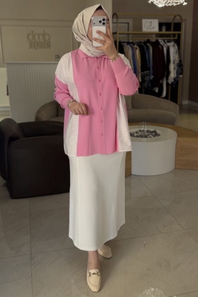 Tıg Trıko Pembe Çizgi Desen Kumaş Mixli Taşlı Tunik