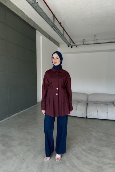 Bordo Poplin Düğme Gömlek