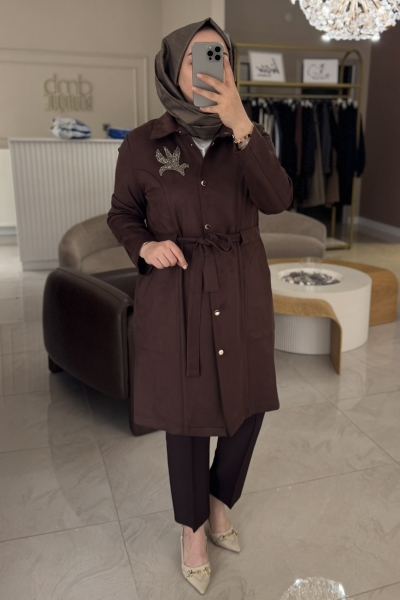 Nuss Kahverengi Taş İşlemeli Çıt Uzun Kap 6012