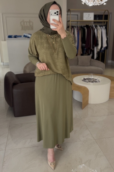 Nuss Haki Jakar Desenli Büzgü Etekli Takım 1058