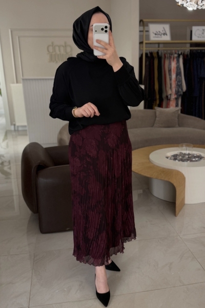 Sentez Grup Bordo Efru Desen Kırıştırma Etek