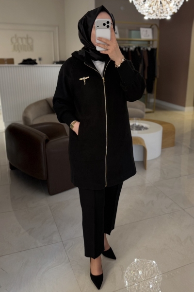 Esswaap Siyah Fermuarlı Kapüşonlu Kaban