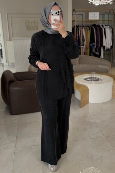 Nuss Siyah İpek Kupra Pantolonlu Takım 1039