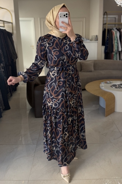 Merwish Lacivert Elegante Zincir Elbise