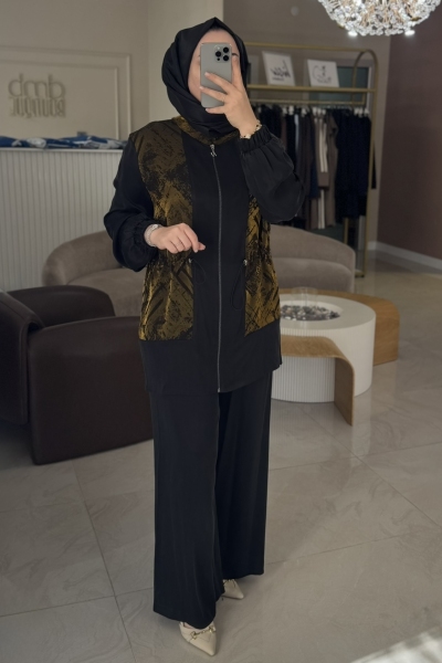 Nuss Yağ Yeşili Gold Detaylı Beli Bağcıklı İkili Takım