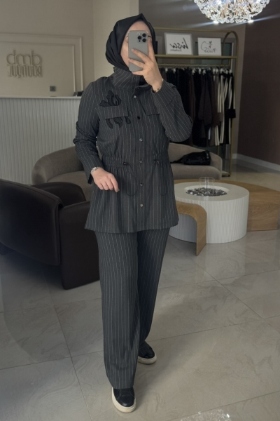 Nuss Antrasit 1005 Çizgili Büzgü Detay Takım