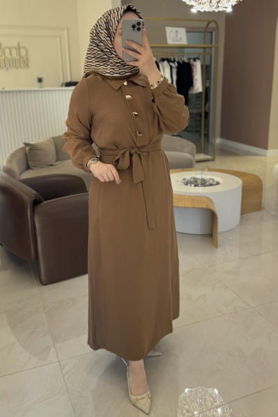 Nuss Camel Gold Düğme Detay Elbise 2007