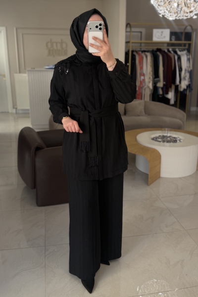 Nuss Siyah Gömleği Ve Pantolonu Taşlı Takım 1056