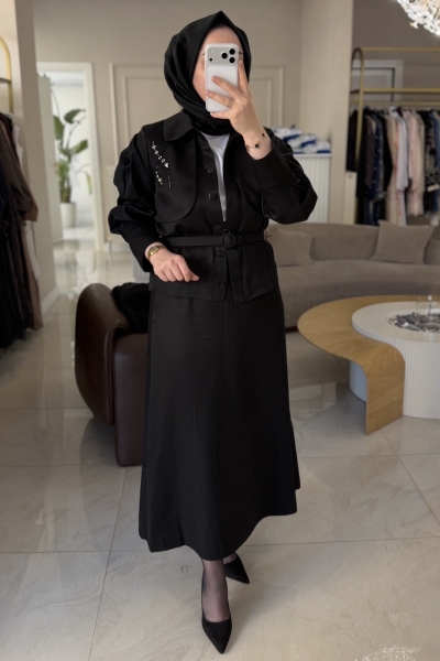 Nuss Siyah İşlemeli Kemerli Etekli Takım 1044