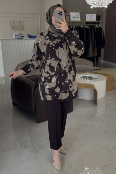 Nuss Kahverengi Angora Desen Uzun Hırka 7006