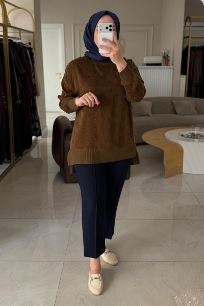 Nuss Taba Puantiye Detaylı Kupra Tunik