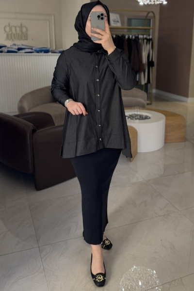 Nuss Antrasit Denim Çıtlı Taşlı Denim Gömlek