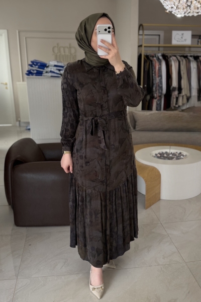 Nuss Kahverengi Baloncuk Desen Elbise 2038