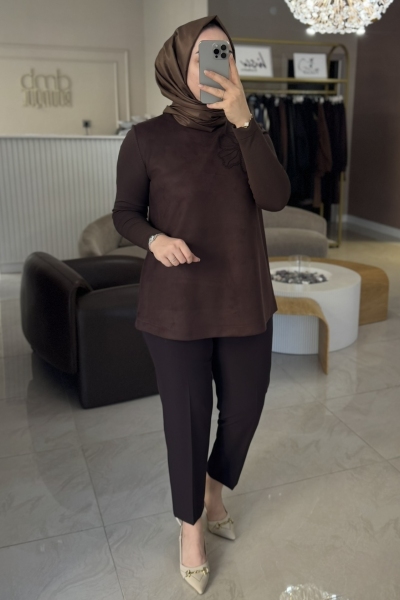 Nuss Kahverengi Süet Ve Merserize Detaylı 3004 Tunik 