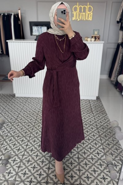 Bordo İpek Bel Detay Elbise 2035