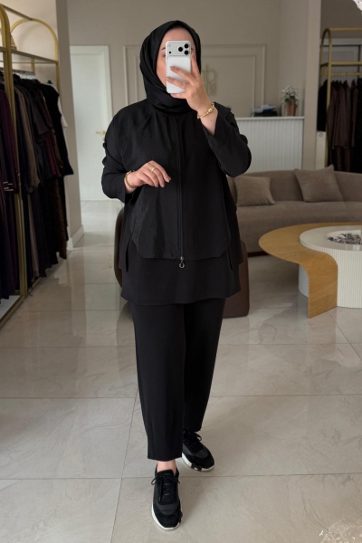 Tıg Trıko Siyah Asimetrik Detaylı Oversize Tunik Pantolon Takım 5185