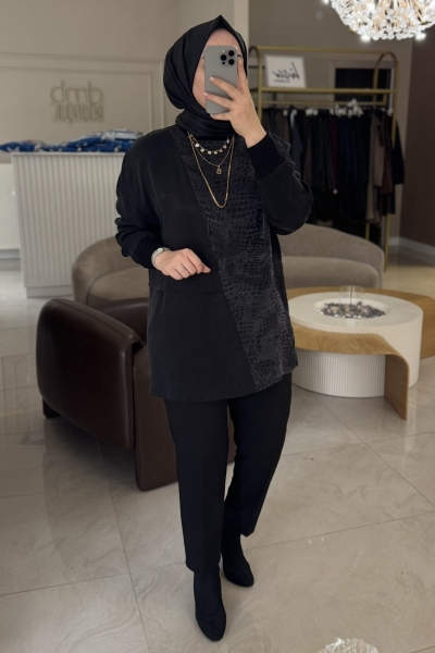 Nuss Antrasit İpek Jakar Detaylı Tunik