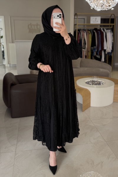 Lıssmore Siyah Dantel Taş İşleme Kupra  Elbise 