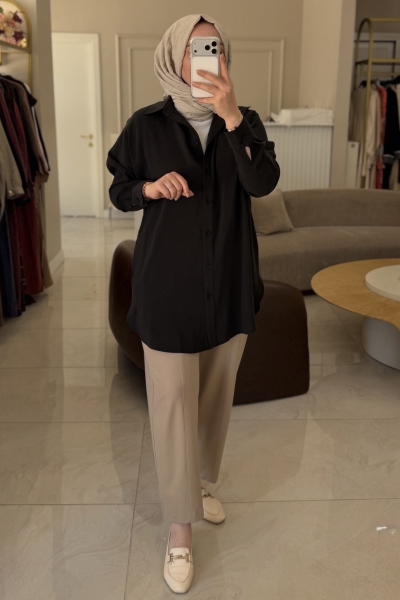 Tıg Trıko Siyah Saten Yüzlü Oversize Gömlek