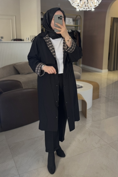 Nuss Siyah Monogram Astarlı Trençkot