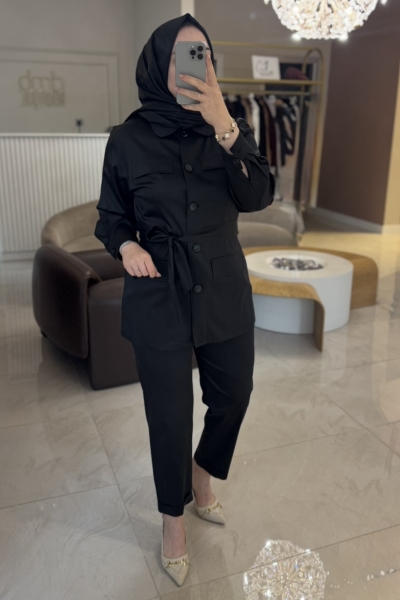Lısa Exclusıve Siyah Saten Ceket Pantolon Takım