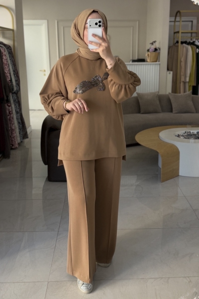 Nuss Camel Kol Detaylı Boncuk İşlemeli Takım 1077