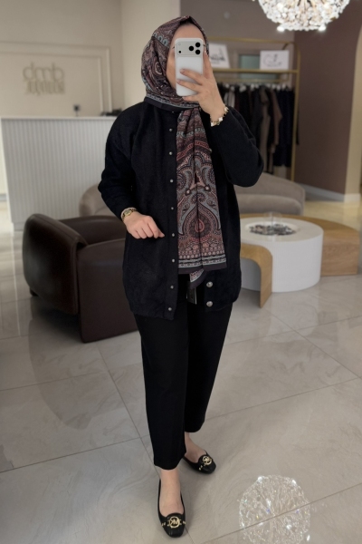 Nuss Siyah Angora Uzun Hırka 7005